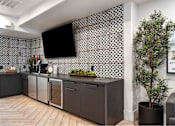 Thumbnail 37 of 58 - a kitchen with grey cabinets and a large plant in a pot
