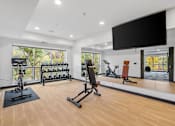 Thumbnail 60 of 61 - A spacious home gym with a variety of exercise equipment and a flat-screen TV mounted on the wall.