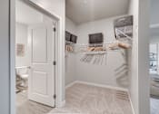 Thumbnail 10 of 32 - A white door is open to a room with a shelf and a rug.