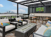 Thumbnail 12 of 43 - A patio with a table, chairs, and a TV showing a football game.