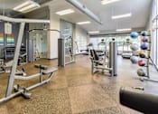 Thumbnail 36 of 43 - A gym with a variety of equipment including weights and machines.