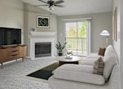 Thumbnail 24 of 43 - Living room with fireplace and arcadia door at Riverset Apartments waterfront apartments in Memphis, TN.