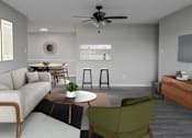 Thumbnail 18 of 43 - Modern living room from the dining table at Riverset Apartments modern apartments in Memphis, TN.