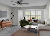 Thumbnail 15 of 43 - Living area with white couch at Riverset waterfront apartments in Memphis