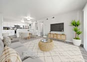 Thumbnail 1 of 27 - A modern living room with a grey sofa, a woven coffee table, and a flat-screen TV.