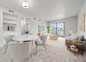 Thumbnail 2 of 27 - A white dining table with chairs and a sofa in a room.
