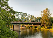 Thumbnail 44 of 50 - A green bridge over a river with trees on the left.