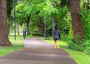 Thumbnail 42 of 50 - A person is walking on a paved path in a park.