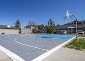 Thumbnail 29 of 33 - A basketball court with a blue surface and a white hoop.