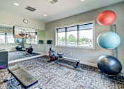 Thumbnail 14 of 33 - A gym with a variety of equipment including a bench, a ball, and a mirror.