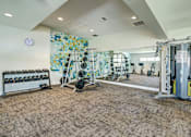 Thumbnail 12 of 33 - A gym with a variety of equipment including weights and a squat rack.