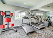 Thumbnail 13 of 33 - A gym with treadmills, elliptical machines, and dumbbells.