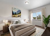 Thumbnail 6 of 50 - A bedroom with a large bed and a painting on the wall.