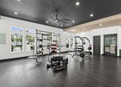 Thumbnail 10 of 17 - A gym with a variety of equipment including a treadmill, a stationary bike, a rowing machine, and a weight bench.