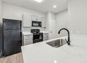 Thumbnail 14 of 33 - A kitchen with a black refrigerator, stove, and oven.