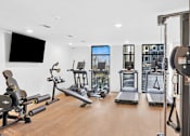 Thumbnail 16 of 28 - A gym with a variety of equipment including treadmills, weights, and a television.