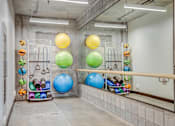 Thumbnail 6 of 30 - a gym with spheres and gymnastics equipment in a room