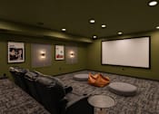 Thumbnail 48 of 68 - A room with a large screen and a row of seats.