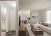 Thumbnail 42 of 51 - A living room with a white couch and a wooden coffee table.