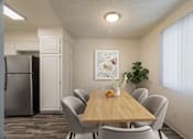Thumbnail 45 of 51 - A dining room with a wooden table and chairs.