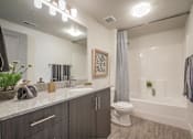 Thumbnail 11 of 34 - model bathroom with soaking tub and grey cabinetry