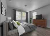 Thumbnail 2 of 32 - a bedroom with a bed and a dresser