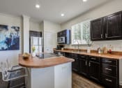 Thumbnail 10 of 38 - a kitchen with black cabinets and a counter top