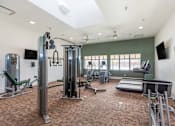 Thumbnail 13 of 26 - A gym with a variety of equipment including a treadmill, weights, and a television.