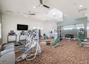 Thumbnail 11 of 26 - A gym with treadmills, exercise bikes, and other equipment.