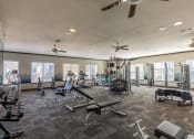 Thumbnail 25 of 31 - a gym with weights and other exercise equipment and windows