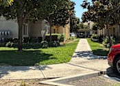 Thumbnail 5 of 14 - A tree-lined street with a red car parked on the side.