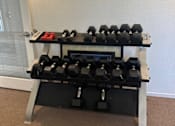 Thumbnail 22 of 27 - A set of dumbbells is placed on a rack in a room.