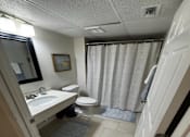 Thumbnail 14 of 14 - A bathroom with a toilet, sink, and shower curtain.
