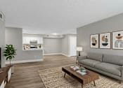 Thumbnail 12 of 27 - A living room with a grey couch, a coffee table, and a television.