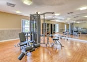 Thumbnail 12 of 15 - A gym with a variety of equipment including a leg press machine.