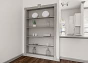 Thumbnail 14 of 40 - a bookshelf in a living room with a sink and a mirror