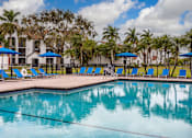 Thumbnail 12 of 19 - A swimming pool surrounded by palm trees and blue umbrellas.