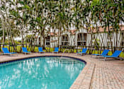 Thumbnail 11 of 19 - A pool surrounded by trees and chairs.