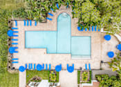 Thumbnail 9 of 19 - An aerial view of a pool surrounded by trees and blue umbrellas.