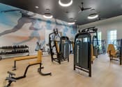 Thumbnail 12 of 30 - a gym with cardio equipment and a wall mural of exercise equipment at Summerwind, Pearland, TX