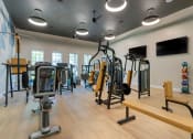 Thumbnail 11 of 30 - a gym with weights and cardio equipment and a tv on the wall at Summerwind, Pearland, 77584