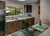 Thumbnail 21 of 25 - A kitchen with wood-style cabinetry, black appliances, gas range, and a view of nature at Brackett Apartments, Washington, 98020
