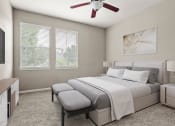 Thumbnail 4 of 28 - a bedroom with a bed and a ceiling fan at Villages of Cypress Creek, Texas
