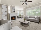 Thumbnail 2 of 28 - a living room with couches and chairs and a fireplace at Villages of Cypress Creek, Texas