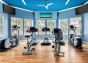 Thumbnail 24 of 28 - a gym with cardio equipment and windows at Villages of Cypress Creek, Houston, TX