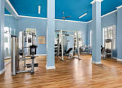 Thumbnail 23 of 28 - a gym with weights and other exercise equipment in a room with blue walls at Villages of Cypress Creek, Houston