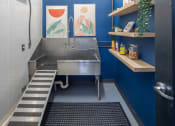 Thumbnail 31 of 46 - a large stainless steel sink in a blue and white bathroom at The Parker Apartments, Portland, OR, 97209