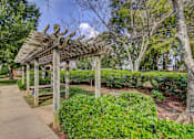 Thumbnail 27 of 38 - Wooden pergola with pathway and landscaped hedges at Wyndchase Aspen Grove Apartments, Tennessee