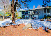 Thumbnail 28 of 28 - A large grey rock sits on a red brick path in front of a green building.
