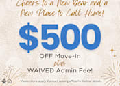 Thumbnail 1 of 43 - A promotional image for Broadway Vista Apartments offering $500 off move-in and waived admin fee.